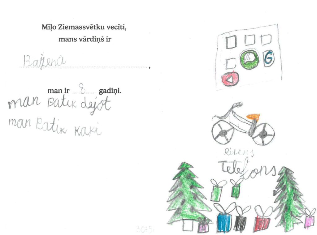 Bažena sapņo par velosipēdu vai telefonu.