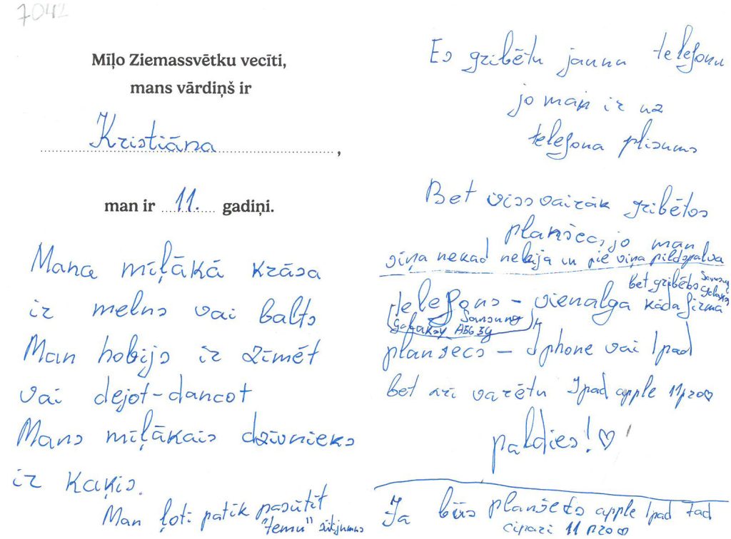 Kristiāna sapņo par planšeti vai telefonu.